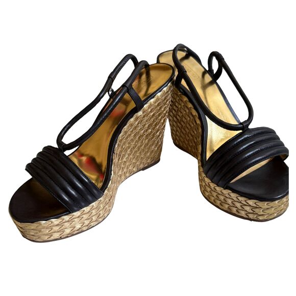 Coach Black Leather & Gold Braided Wedge Platform Sandals – Size 8.5 - Picture 1 of 8